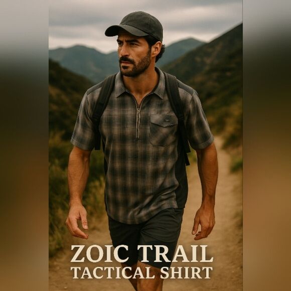 ZOIC Men's XL Plaid Utility Shirt Zip Polo Pocket Active Trail Shirt Gray Black - Picture 1 of 8